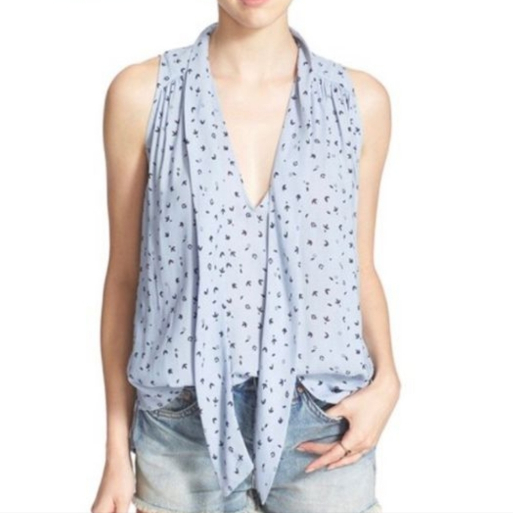FREE PEOPLE Blue Flowy Tie Neck Blouse